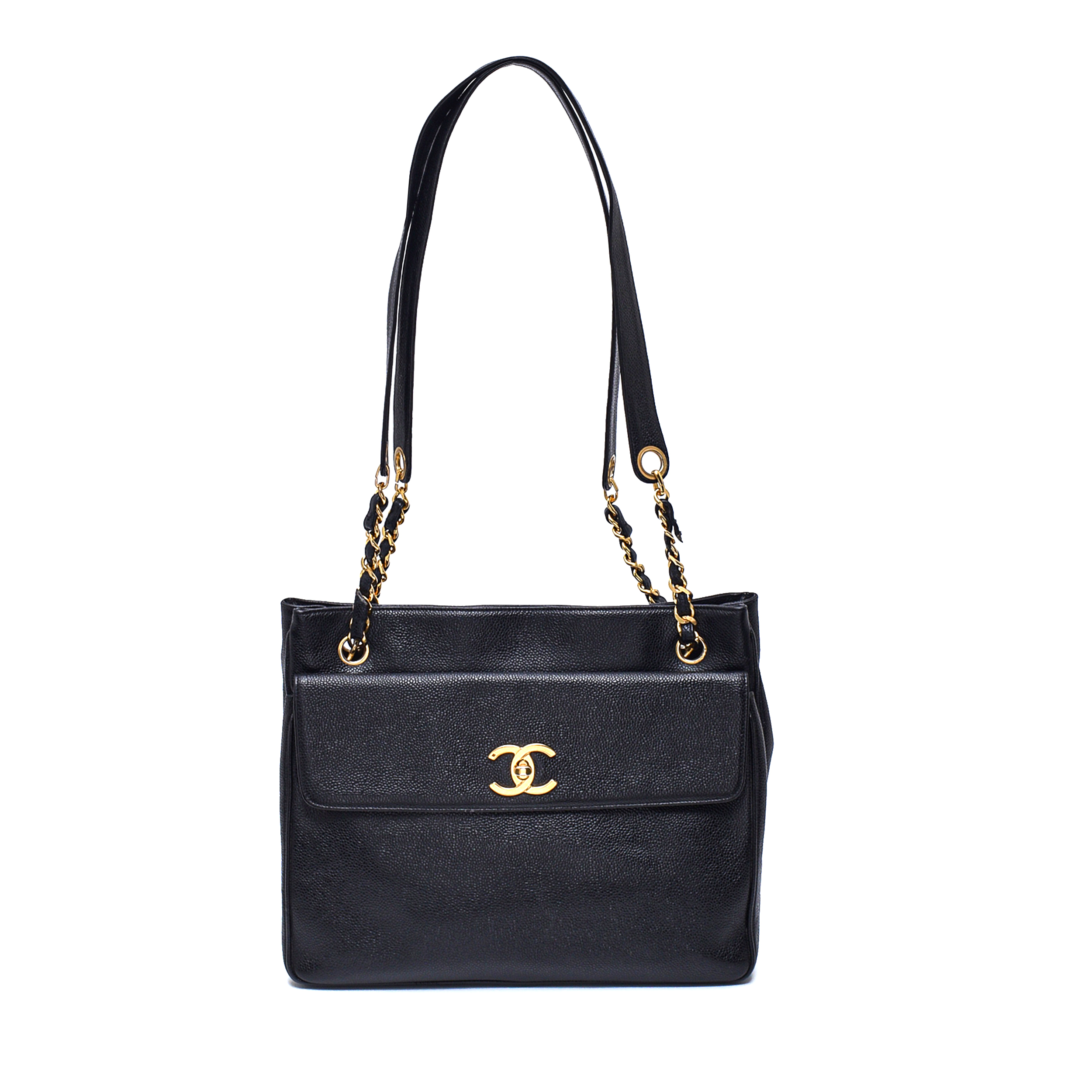 Chanel- Black Caviar Leather CC Turnlock Chain Shoulder Tote Bag